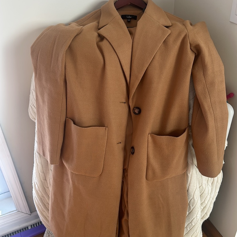 Lulus Camel Brown Wool Blend 2 Button Car Coat Dress Jacket Blazer Womens S